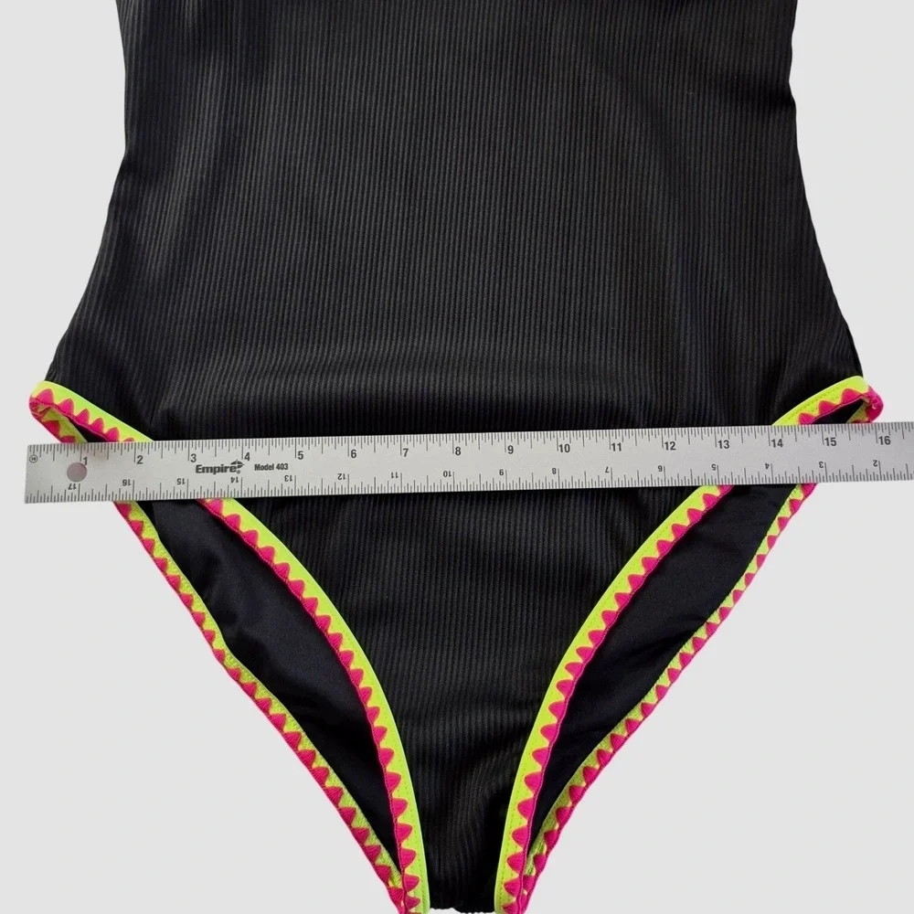 Popvil Womens One Piece Swimsuit Black Ribbed Neon Ric Rac Trim Size‎ Large - Picture 2 of 7